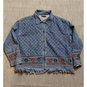 Carrie Allen Denim Jacket Women's Large Blue Quilted Embroidered Fringe